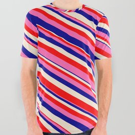 [ Thumbnail: Beige, Red, Hot Pink, and Dark Blue Colored Stripes/Lines Pattern All Over Graphic Tee ]