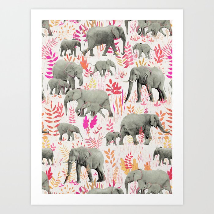 Sweet Elephants in Pink, Orange and Cream Art Print