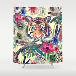 Vintage pattern tiger flowers feathers pineapple. Buddha head and Indian elephant Shower Curtain