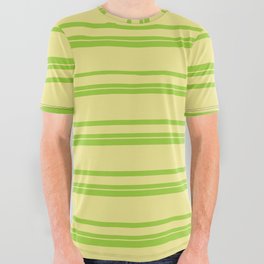 [ Thumbnail: Green & Tan Colored Lined/Striped Pattern All Over Graphic Tee ]