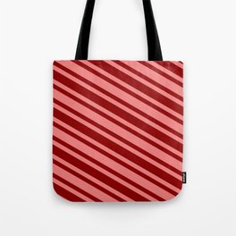 [ Thumbnail: Light Coral and Dark Red Colored Striped/Lined Pattern Tote Bag ]
