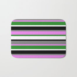 [ Thumbnail: Eye-catching Gray, Violet, Forest Green, White & Black Colored Striped/Lined Pattern Bath Mat ]