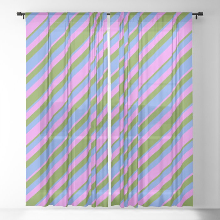Green, Cornflower Blue & Violet Colored Striped Pattern Sheer Curtain