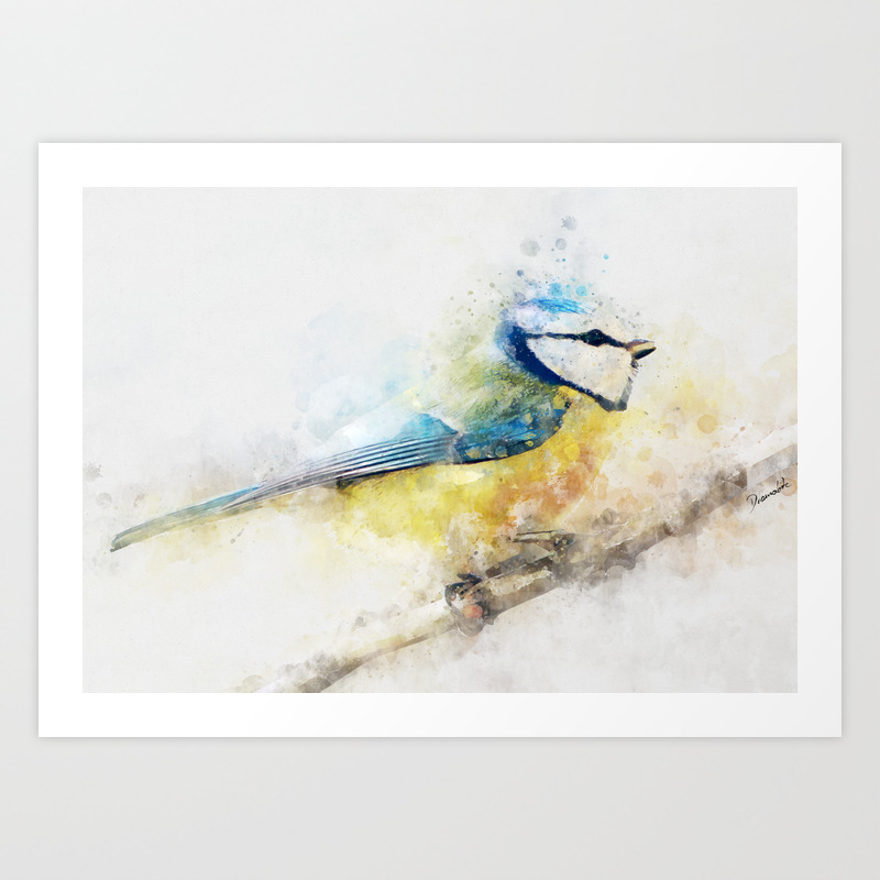 Yellow Blue Tit Watercolour Painting Watercolour Minimalism Artsy