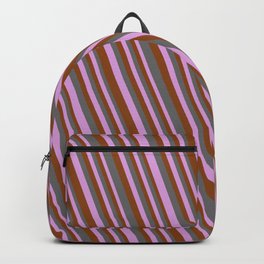 [ Thumbnail: Dim Gray, Plum & Brown Colored Stripes Pattern Backpack ]