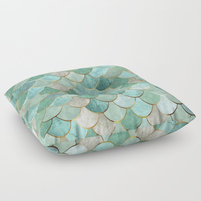 Moroccan Mermaid Fish Scale Pattern, Green and Gold Floor Pillow