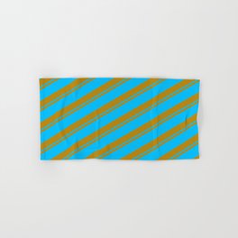 [ Thumbnail: Dark Goldenrod and Deep Sky Blue Colored Striped/Lined Pattern Hand & Bath Towel ]