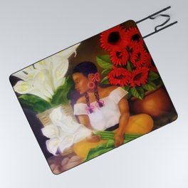 Girl with Calla Lilies and Red Mexican Sunflowers floral portrait painting Picnic Blanket