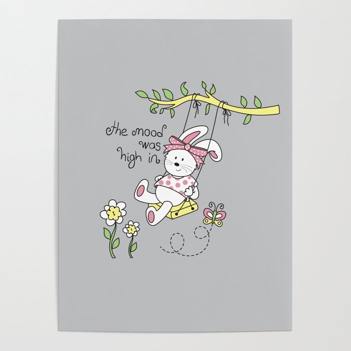 Graphics of cute bunny swinging on a tree swing. Poster