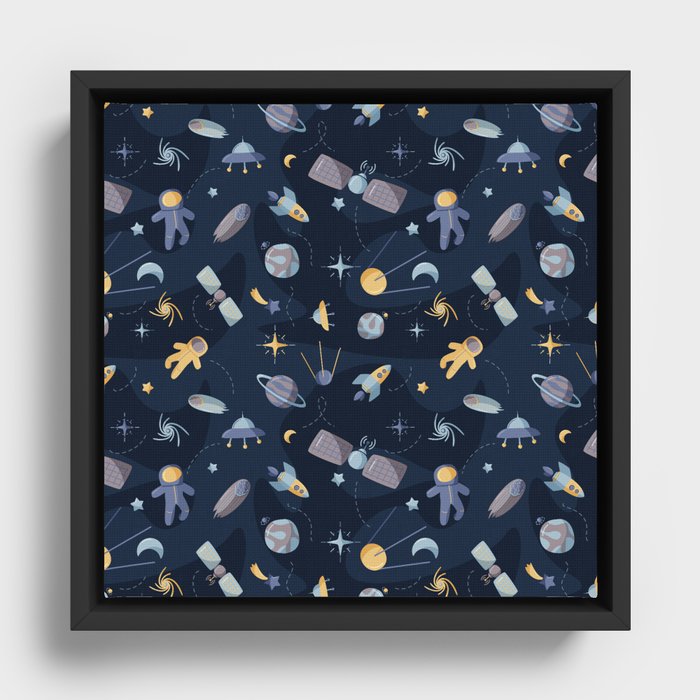 Astronauts In Space Pattern Framed Canvas