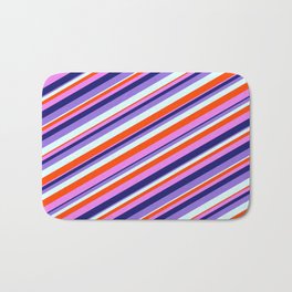 [ Thumbnail: Colorful Red, Violet, Midnight Blue, Purple, and Light Cyan Colored Lined Pattern Bath Mat ]