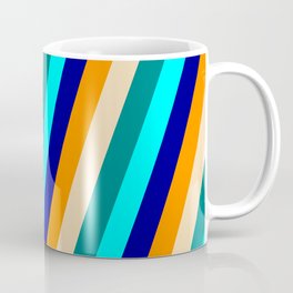 [ Thumbnail: Eyecatching Dark Orange, Tan, Teal, Aqua & Dark Blue Colored Stripes Pattern Coffee Mug ]