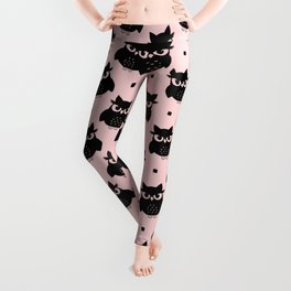 Black Cute Owl Seamless Pattern on Pastel Pink Background Leggings