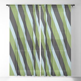 [ Thumbnail: Light Blue, Green & Black Colored Striped/Lined Pattern Sheer Curtain ]