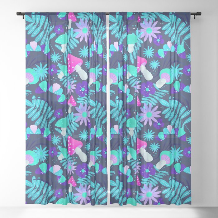 turquoise and pink mushrooms and flowers Sheer Curtain