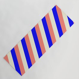 [ Thumbnail: Blue, Salmon & Beige Colored Stripes/Lines Pattern Yoga Mat ]