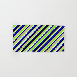 [ Thumbnail: Eye-catching Green, Lavender, Blue, Black, and Tan Colored Lined/Striped Pattern Hand & Bath Towel ]