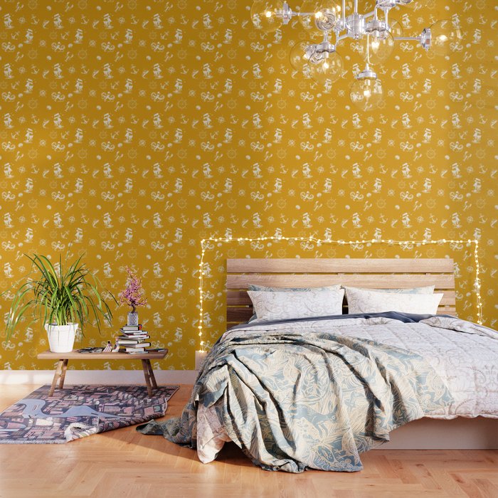 Mustard And White Silhouettes Of Vintage Nautical Pattern Wallpaper