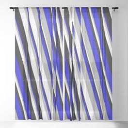 [ Thumbnail: Blue, Dark Grey, White, and Black Colored Stripes/Lines Pattern Sheer Curtain ]