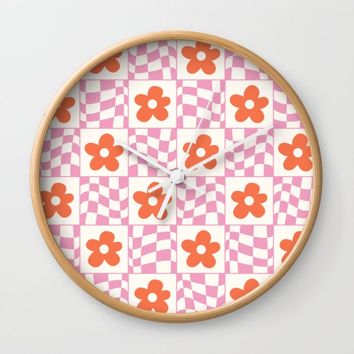 Orange Flower Pink & White Warped Double Checker Wall Clock