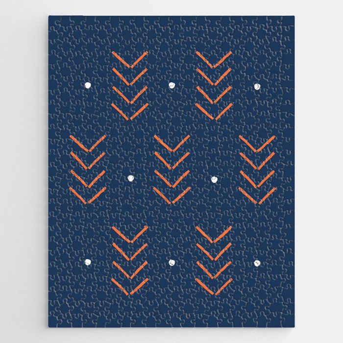 Arrow Lines Geometric Pattern 1 in Navy Blue and Orange Jigsaw Puzzle