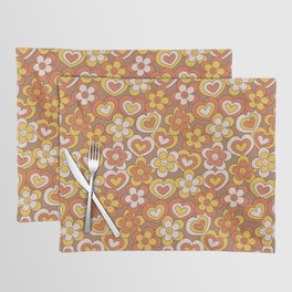 Happy Daisy and Heart Pattern, Cute, Fun, Retro, Brown Placemat