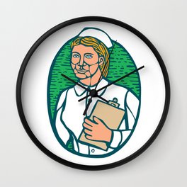 Nurse Holding Clipboard Oval Woodcut Linocut Wall Clock | People, Digital, Vector, Illustration 
