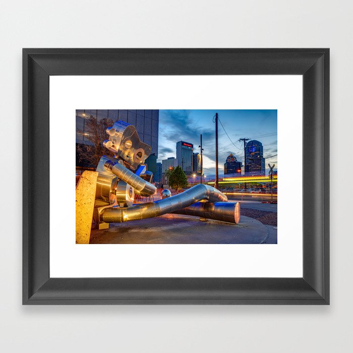 Dallas Skyline and Traveling Man Waiting on A Train Framed Art Print