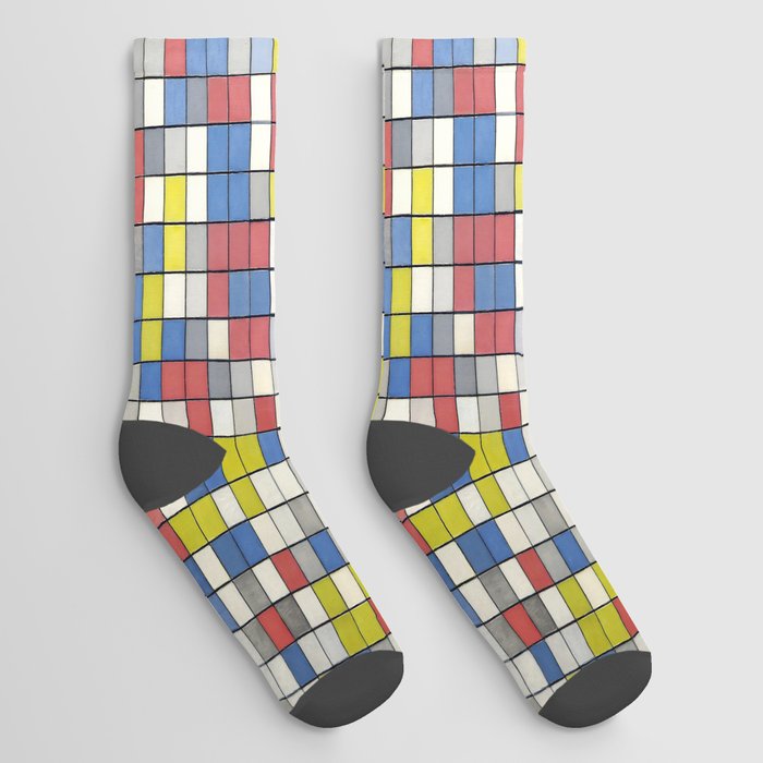 Piet Mondrian (1872-1944) - COMPOSITION WITH GRID 9 - Checkerboard Composition with Light Colors - 1919 - De Stijl (Neoplasticism), Geometric Abstraction - Oil - Digitally Enhanced Version - Socks