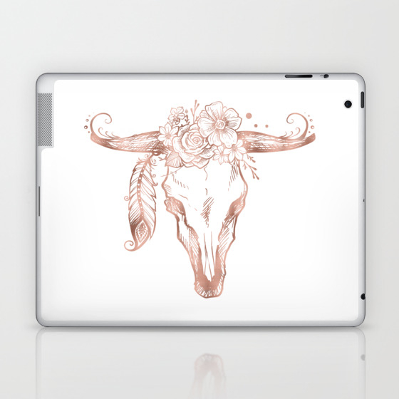 Rose Gold Bull Skull With Pink Feather Flowers Laptop Ipad Skin By Naturemagick Society6