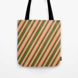 [ Thumbnail: Dark Olive Green & Light Salmon Colored Lines Pattern Tote Bag ]