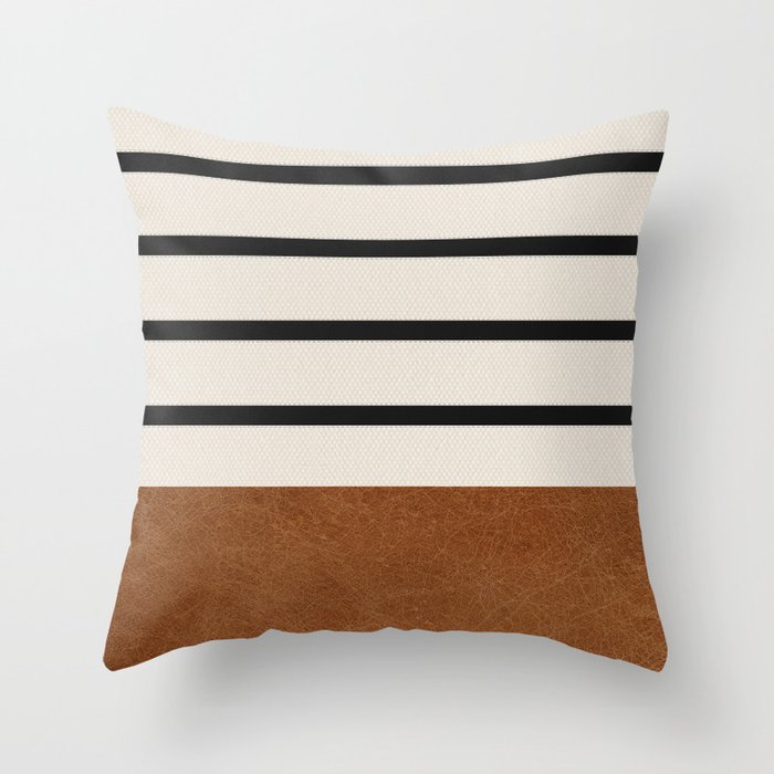 Scandinavian Modern Leather With Stipes Throw Pillow