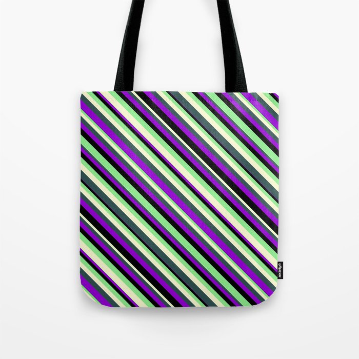 Light Green, Light Yellow, Dark Slate Gray, Dark Violet, and Black Colored Lines/Stripes Pattern Tote Bag