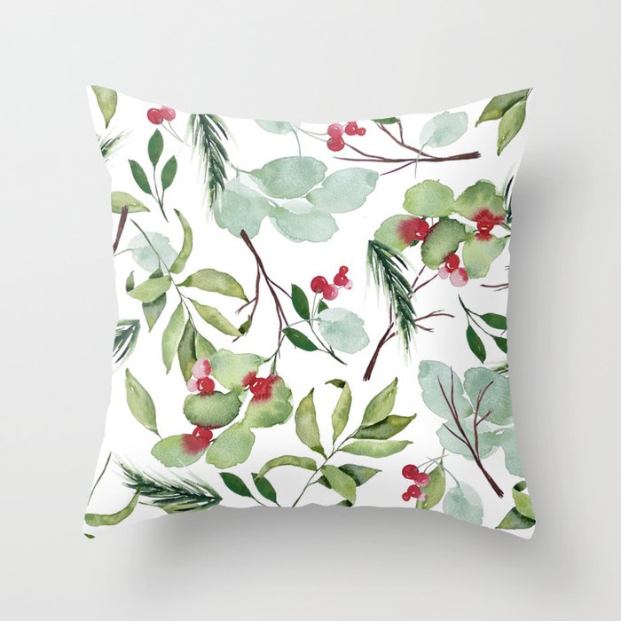 Christmas Greens and Berries - White Throw Pillow