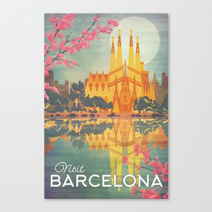Barcelona Spain Vintage Travel Poster Canvas Print By Missyames