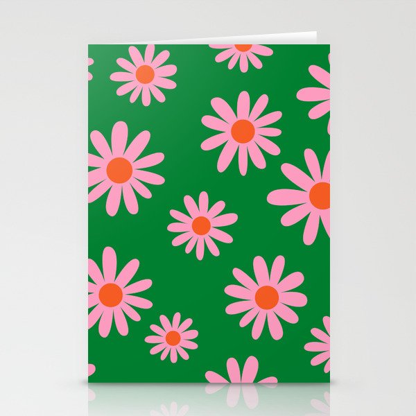 70s Hand Drawn Flower Power DaisiesFlorals in Green, Pink & Orange Stationery Cards