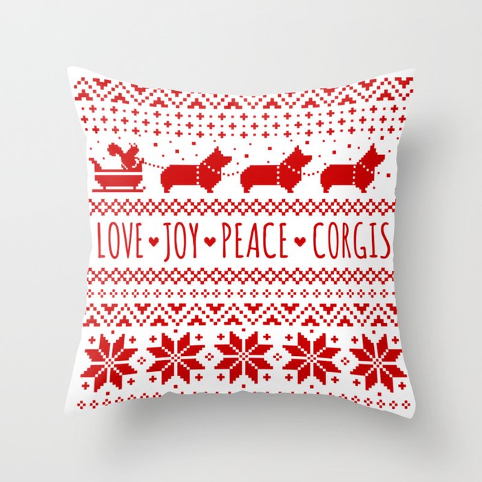 Love, Joy, Peace, Corgis | Humorous Dogs Christmas Pattern Throw Pillow