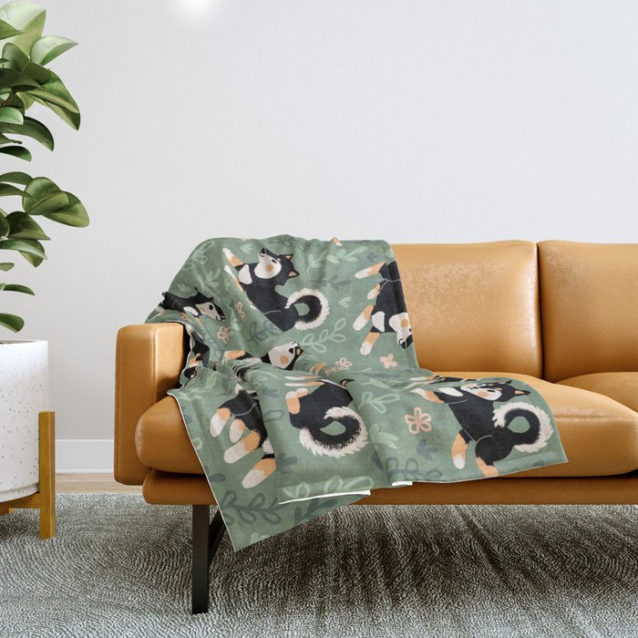 Playful Black And Tan Shiba Inu Pattern Throw Blanket