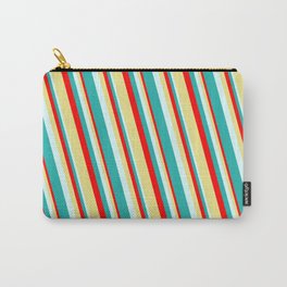 [ Thumbnail: Red, Tan, Light Cyan, and Light Sea Green Colored Lined/Striped Pattern Carry-All Pouch ]