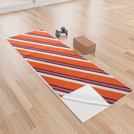[ Thumbnail: Red, Blue, and Beige Colored Striped Pattern Yoga Towel ]