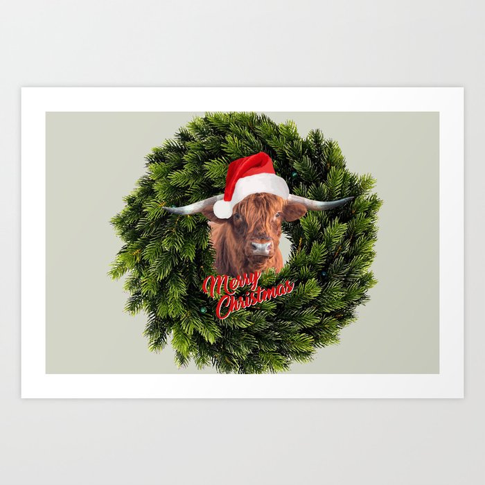Highland Cow Santa Claus Wreath - Merry Christmas Art Print