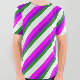 [ Thumbnail: Eye-catching Fuchsia, Dark Violet, Forest Green, Mint Cream, and Light Grey Colored Stripes Pattern All Over Graphic Tee ]