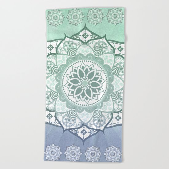 Aqua Essence Green Blue Mandala Design Beach Towel