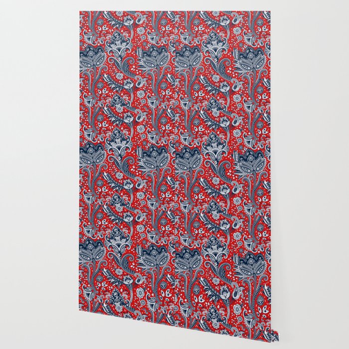 Red White Blue Floral Paisley Wallpaper By Christyne Society6