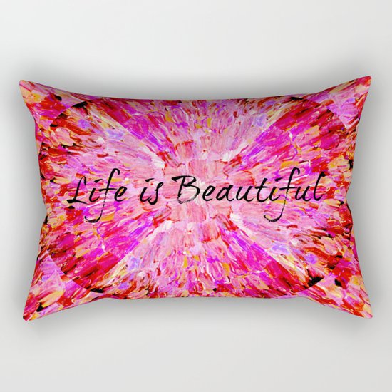 LIFE IS BEAUTIFUL Bold Pink Bird Feathers Ocean Waves Painting Sea Romantic Love Girlie Abstract Rectangular Pillow