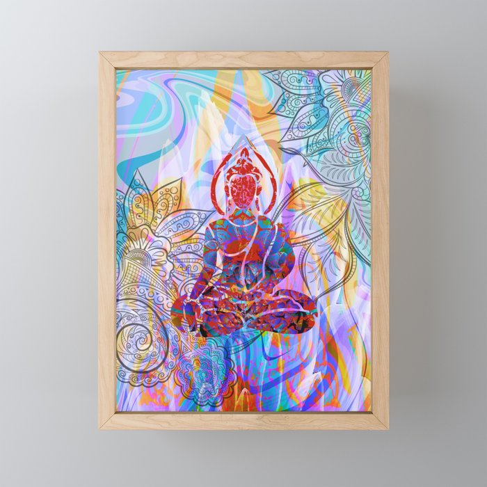 Buddha Meditation Aqua Liquid Mandala Design Framed Mini Art Print