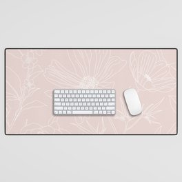 Trendy White Flowers outlines Blush Pink design Desk Mat