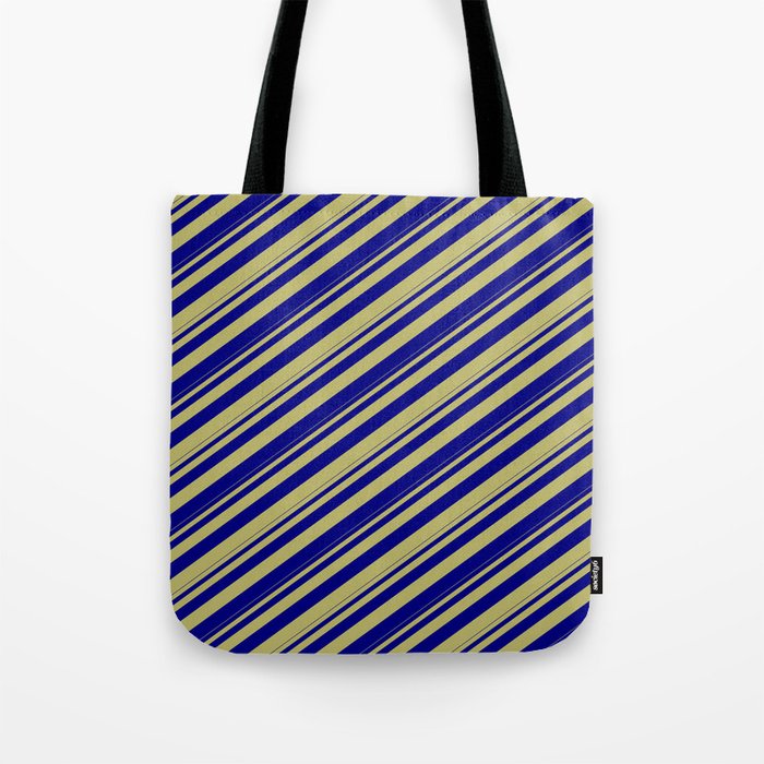 Dark Khaki and Blue Colored Lines Pattern Tote Bag
