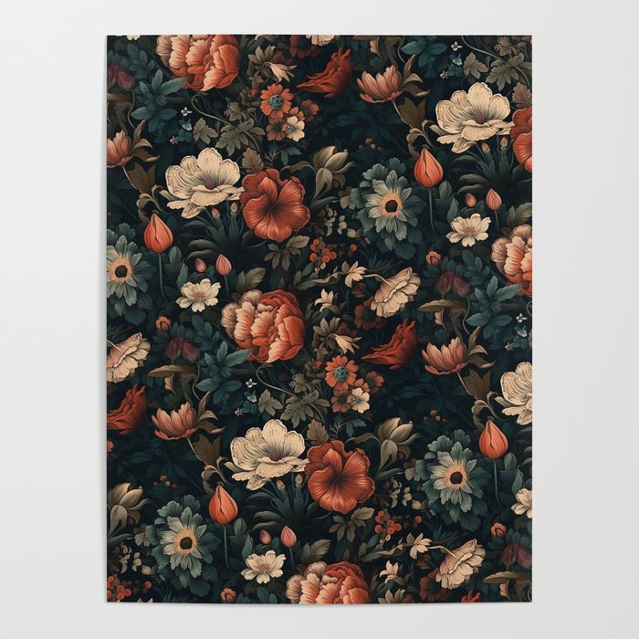 Vintage Aesthetic Beautiful Flowers, Nature Art, Dark Cottagecore Plant Collage - Flower Poster