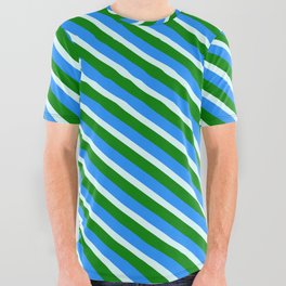 [ Thumbnail: Light Cyan, Green, and Blue Colored Lined/Striped Pattern All Over Graphic Tee ]